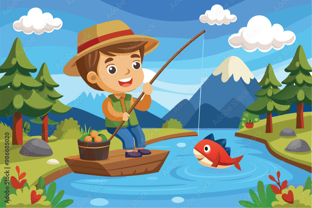 A cheerful boy is fishing from a small boat in a tranquil river, capturing a colorful fish, Customizable cartoon illustration for fishing. A cheerful boy is fishing from a small boat in a tranquil river, capturing a colorful fish, Customizable cartoon illustration for fishing.