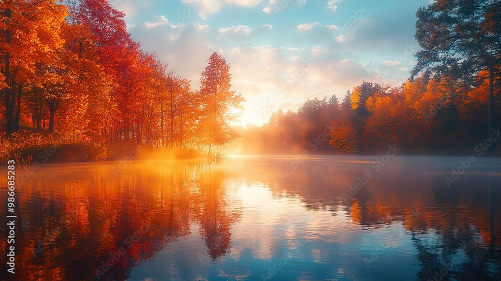 Autumn foliage surrounding a misty lake during a peaceful sunrise Autumn foliage surrounding a misty lake during a peaceful sunrise