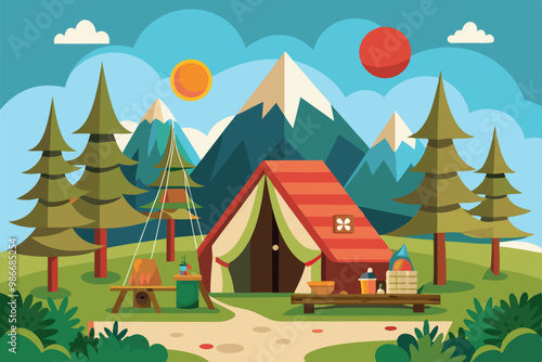 A cozy glamping tent surrounded by trees, mountains, and bright skies, ideal for outdoor relaxation, Customizable cartoon illustration for glamping.