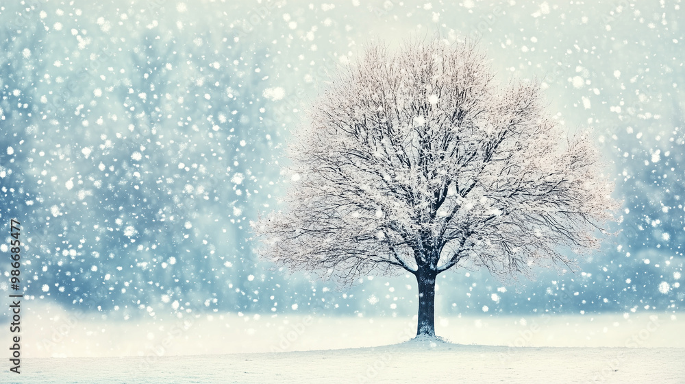 Snow-covered tree in peaceful winter snowfall Snow-covered tree in peaceful winter snowfall