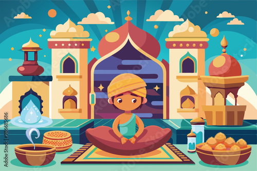 A young person relaxes in a hammam surrounded by decorative elements and authentic architectural details, Customizable cartoon illustration for hammam.