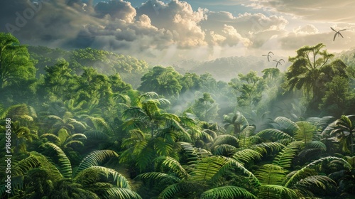 Lush prehistoric rainforest with dense ferns under a misty sky, highlighted by sunlight piercing through the canopy. Prehistoric plants, prehistoric botanicals concept.