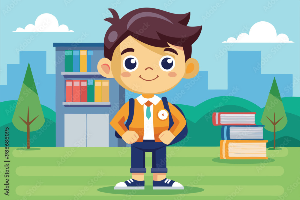 A cheerful high school student poses with a backpack in front of a library surrounded by books and trees, Customizable cartoon illustration for high school. A cheerful high school student poses with a backpack in front of a library surrounded by books and trees, Customizable cartoon illustration for high school.