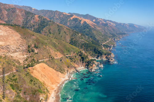 Beautiful landscape of Pacific Ocean coast along Highway 1 and Big Sur, aerial view, sunset, sunrise, fog. Concept, travel, vacation, weekend