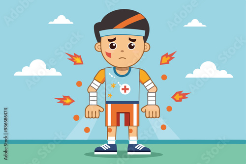 A cartoon representation of a young athlete showing injuries with bandages on arms and legs in bright colors, Customizable cartoon illustration for injuries.