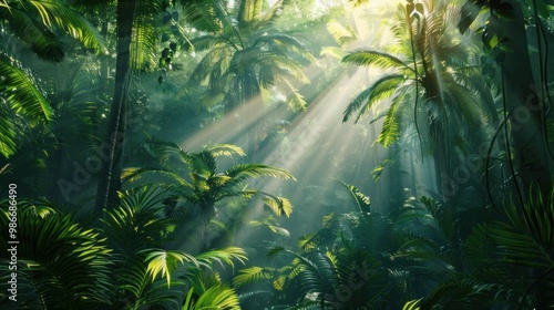 Dense tropical rainforest illuminated by sunlight piercing the lush canopy, highlighting vibrant green ferns. Prehistoric plants, prehistoric botanicals concept.