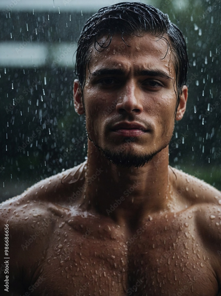 Fototapeta premium Handsome male model poses under rain, showcasing a striking look with water droplets glistening on his toned physique.