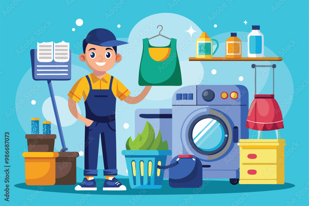 A cheerful young man is holding a shirt next to a washing machine and various laundry supplies, Customizable cartoon illustration for laundry and dry cleaning. A cheerful young man is holding a shirt next to a washing machine and various laundry supplies, Customizable cartoon illustration for laundry and dry cleaning.