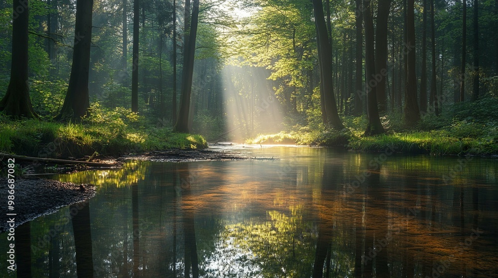 Sunbeams Piercing Through a Forest and Reflecting in a Stream Sunbeams Piercing Through a Forest and Reflecting in a Stream