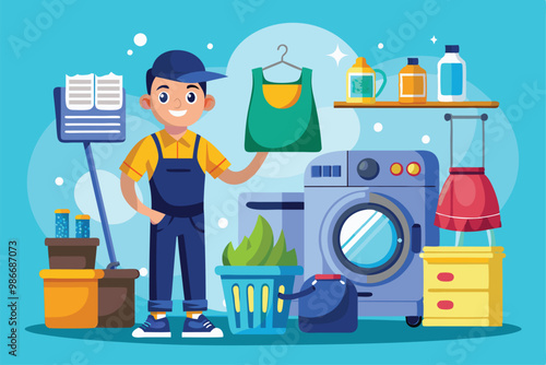 A cheerful young man is holding a shirt next to a washing machine and various laundry supplies, Customizable cartoon illustration for laundry and dry cleaning.