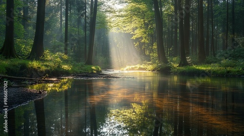 Sunbeams Piercing Through a Forest and Reflecting in a Stream