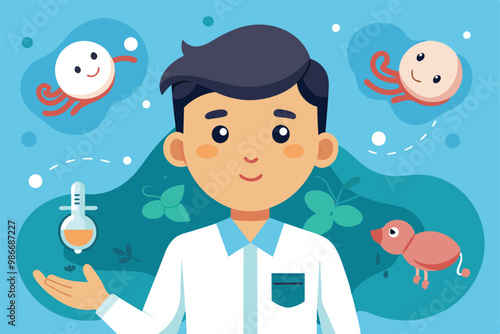 A male character presents information about male infertility while surrounded by relevant illustrations, Customizable cartoon illustration for male infertility.