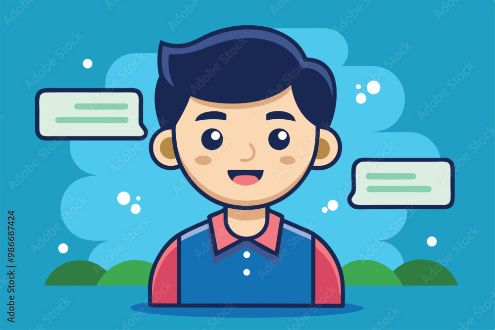 A friendly cartoon character is depicted with speech bubbles, perfect for chat applications or messaging, Customizable cartoon illustration for messaging. A friendly cartoon character is depicted with speech bubbles, perfect for chat applications or messaging, Customizable cartoon illustration for messaging.