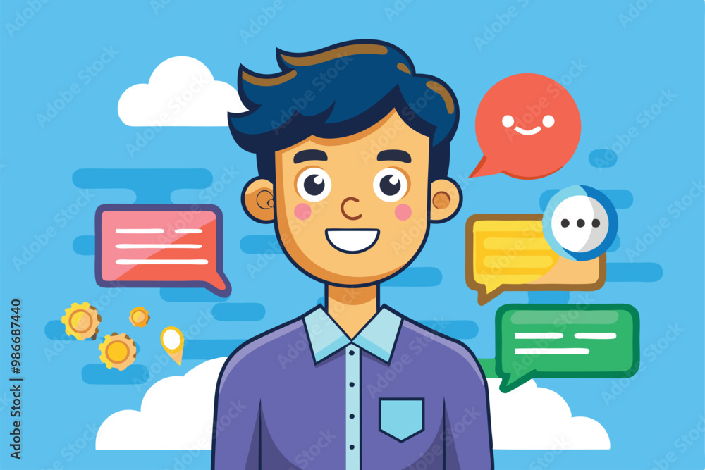 A cheerful cartoon character stands in front of colorful speech bubbles, representing messaging fun, Customizable cartoon illustration for messaging. A cheerful cartoon character stands in front of colorful speech bubbles, representing messaging fun, Customizable cartoon illustration for messaging.