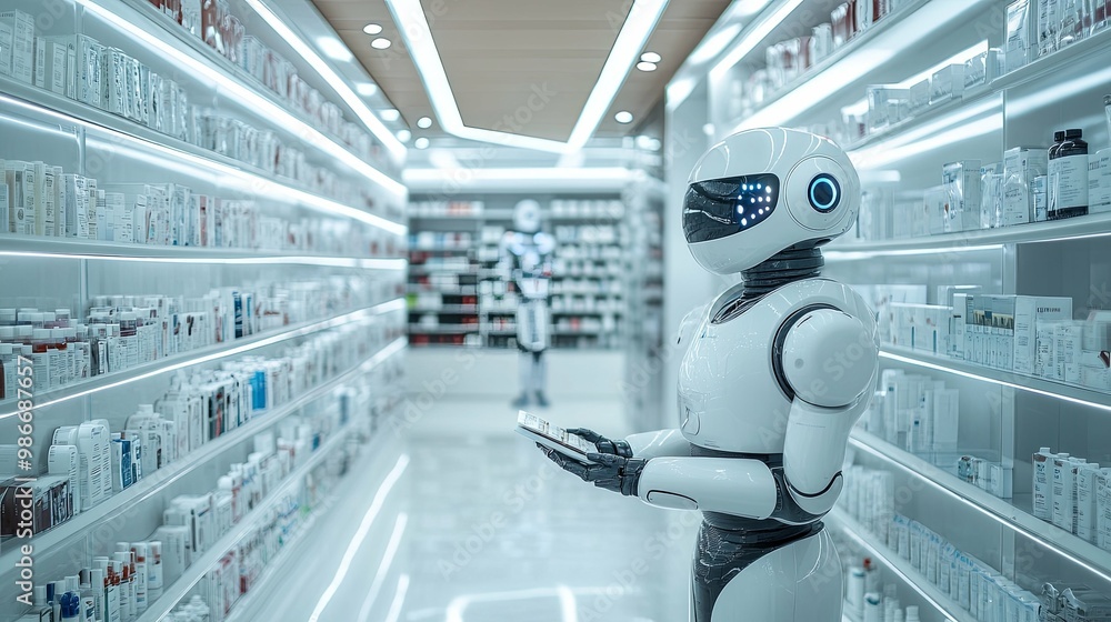 A White Robot in a Pharmacy Holding a Digital Tablet A White Robot in a Pharmacy Holding a Digital Tablet