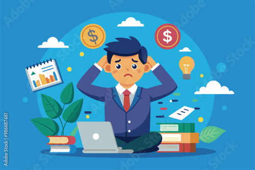 A customizable cartoon character appears overwhelmed by financial worries and money-related tasks, Customizable cartoon illustration for money stress.