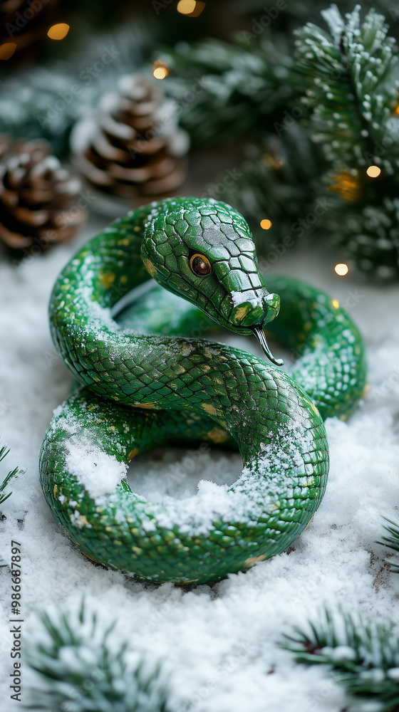 Coiled green snake in snowy pine forest with holiday lights Coiled green snake in snowy pine forest with holiday lights