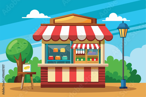 A vibrant newsstand showcases various items under a striped canopy in a sunny park setting, Customizable cartoon illustration for newsstands.
