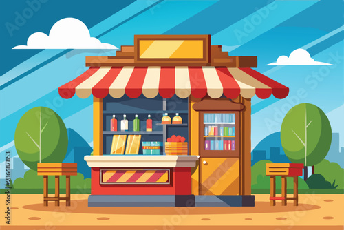 A vibrant newsstand displays snacks and drinks under a striped awning in a bright, cheerful environment, Customizable cartoon illustration for newsstands.