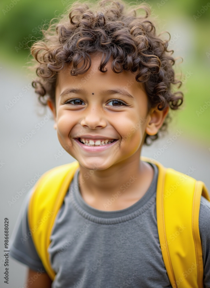 portrait of a child student boy with a backpack on his back and a curly hair portrait of a child student boy with a backpack on his back and a curly hair