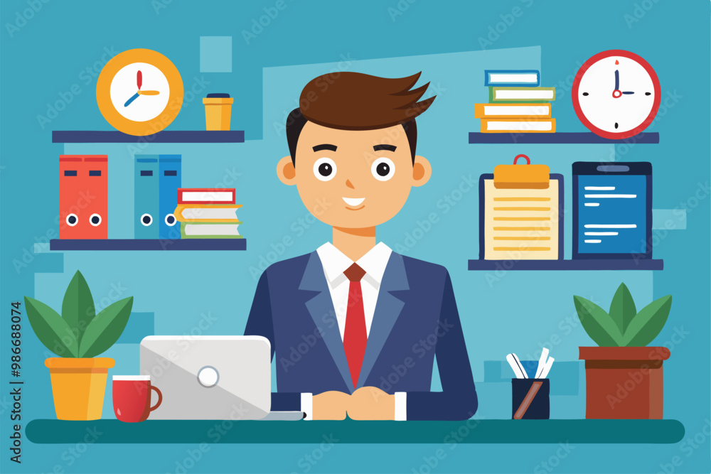 A cheerful office manager sits at his desk surrounded by books and office supplies, ready for work, Customizable cartoon illustration for office management. A cheerful office manager sits at his desk surrounded by books and office supplies, ready for work, Customizable cartoon illustration for office management.