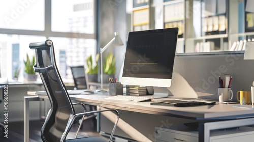 Wallpaper Mural Modern office desk setup with computer, ergonomic chair, and office supplies in a bright workspace. Productivity and design concept. Torontodigital.ca
