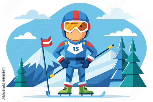 A para alpine skier stands confidently on the slopes, embodying the spirit of winter sports, Customizable cartoon illustration for para alpine skiing.