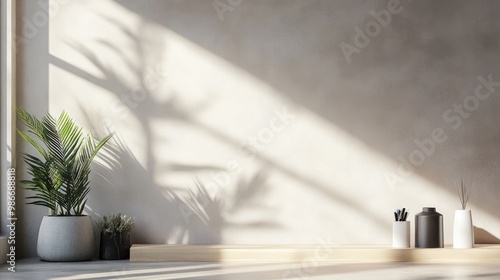 A sleek, modern office with sunlight streaming in, featuring a blank light grey wall and elegant modern items, set in a realistic background