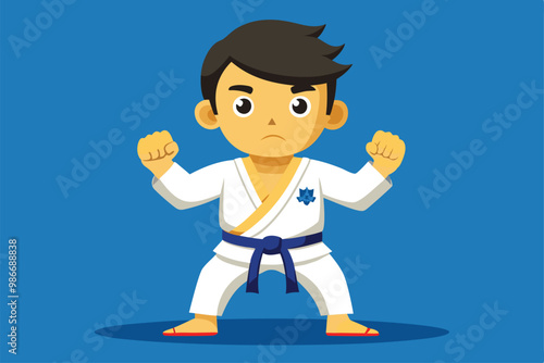 A young karateka stands confidently in a white gi, ready to demonstrate skills in karate for the paralympics, Customizable Cartoon Illustration for Paralympic Judo