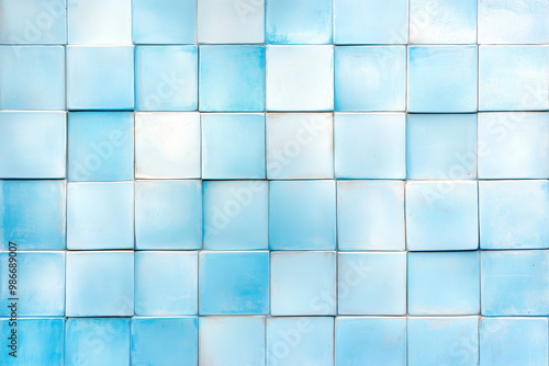 Contemporary blue tile wall design featuring a gradient of soft hues in a modern interior setting