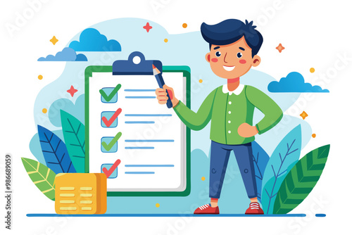 A cheerful boy holds a paintbrush next to a checklist featuring completed tasks, surrounded by plants, Customizable cartoon illustrations for personal growth.