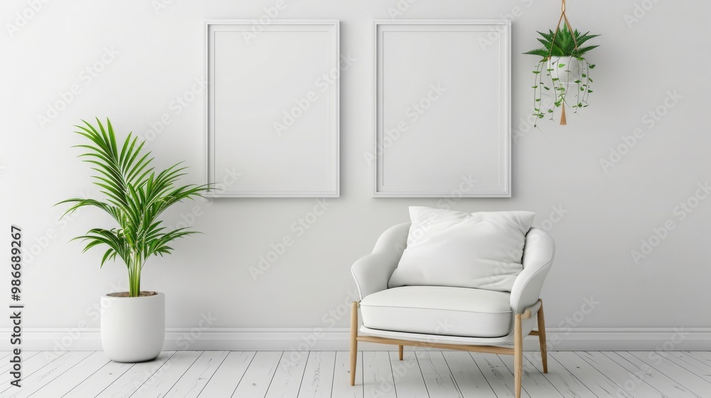 Minimalist living room with a white armchair, two empty frames, and a potted plant. Minimalist living room with a white armchair, two empty frames, and a potted plant.