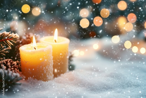 Festive christmas background featuring candles on snow with beautiful bokeh effects