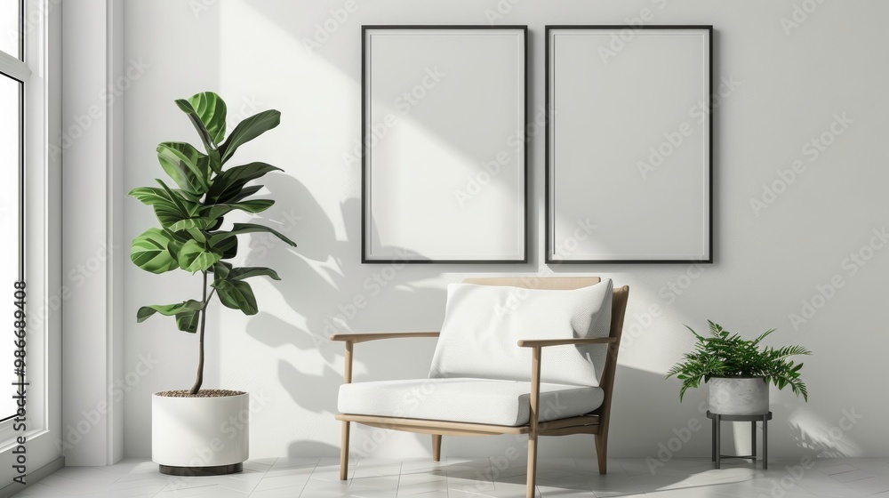 A white armchair sits in a minimalist living room with two blank frames, a fiddle leaf fig, and a fern. A white armchair sits in a minimalist living room with two blank frames, a fiddle leaf fig, and a fern.