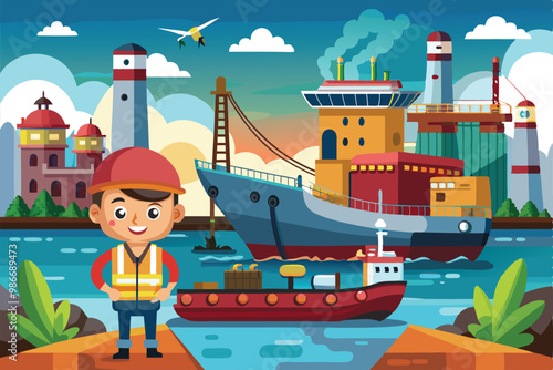 A happy boy in a safety vest stands by the water near ships and whimsical buildings at a port, Customizable cartoon illustration for port