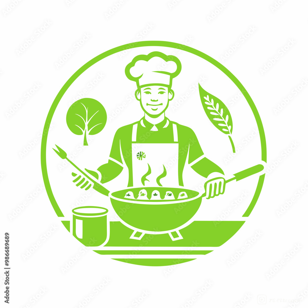 Chef cooking delicious food in green minimalist style with fresh ingredients illustration