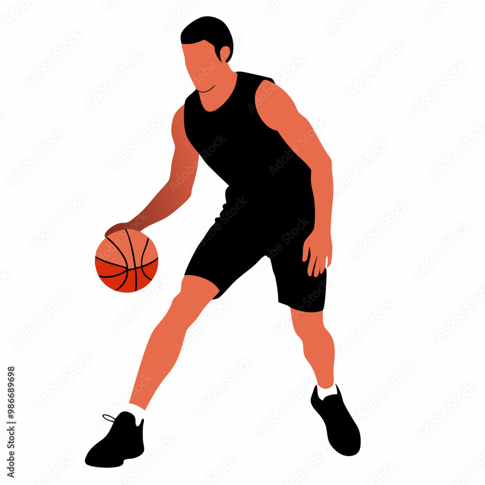 Athletic man dribbling basketball in black sports attire isolated on white background Athletic man dribbling basketball in black sports attire isolated on white background