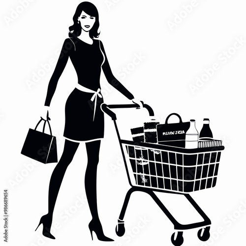 Stylish woman shopping with cart and bag in silhouette on a white background