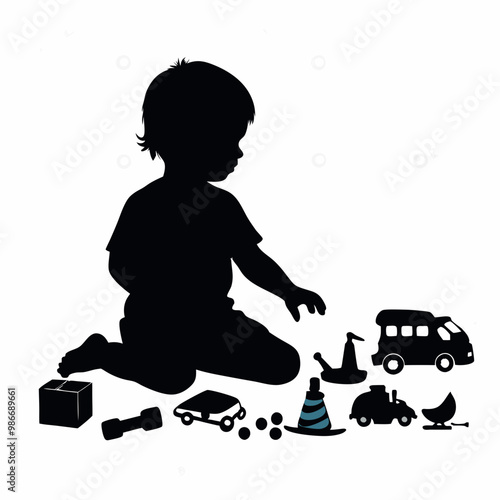 Child silhouette playing with toys on the floor in a playful moment against a white background