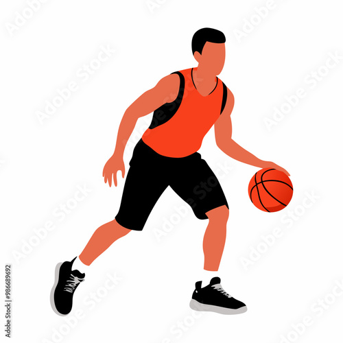 Athletic young male dribbling basketball in orange sports jersey on white background