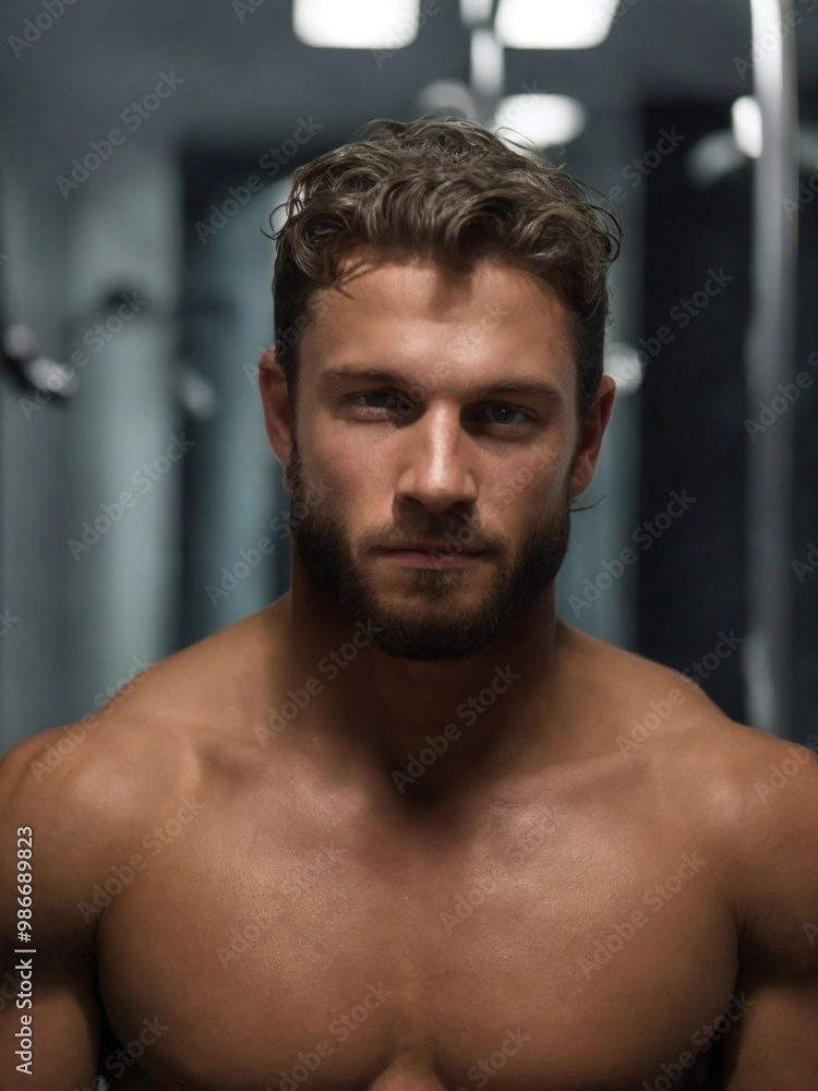 Shirtless muscular man poses confidently in a fitness gym during late afternoon workout, showcasing strength and determination. Shirtless muscular man poses confidently in a fitness gym during late afternoon workout, showcasing strength and determination.