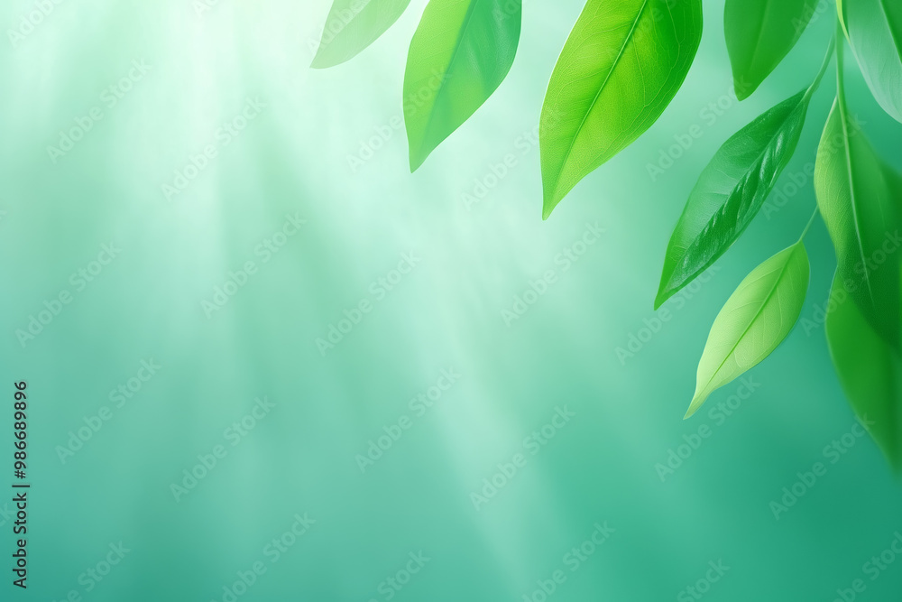 Obraz premium Lush green leaves gently sway in soft sunlight against a serene turquoise background