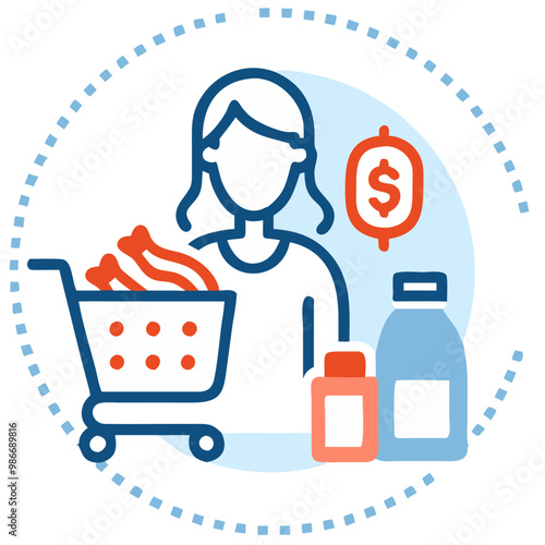 Young woman shopping with cart, groceries, and money icon in colorful graphic style