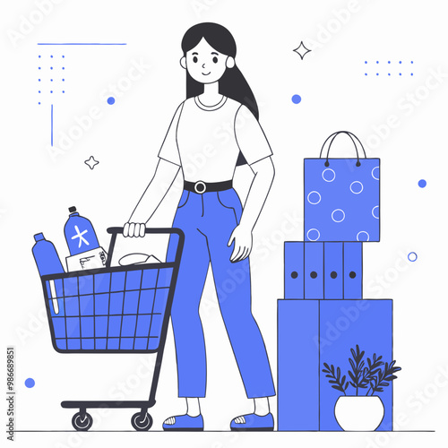 Young woman happy shopping with cart and bags in minimalistic style on white background