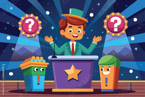 A cheerful quiz show host stands confidently at the podium with colorful contestants and whimsical decorations, Customizable cartoon illustration for quiz show.