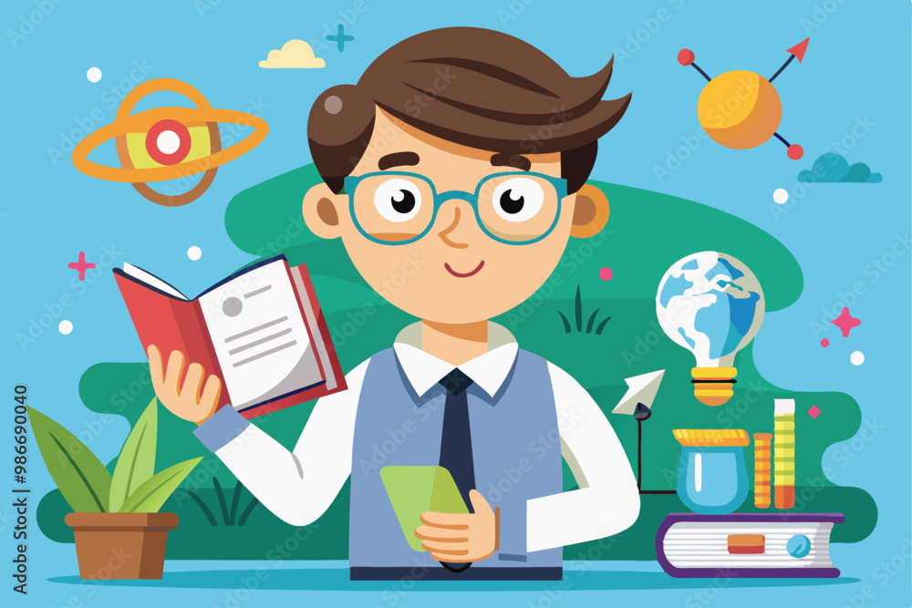 A young student engages in research, holding a book and a tablet amidst educational tools and plants, Customizable cartoon illustration for research paper. A young student engages in research, holding a book and a tablet amidst educational tools and plants, Customizable cartoon illustration for research paper.