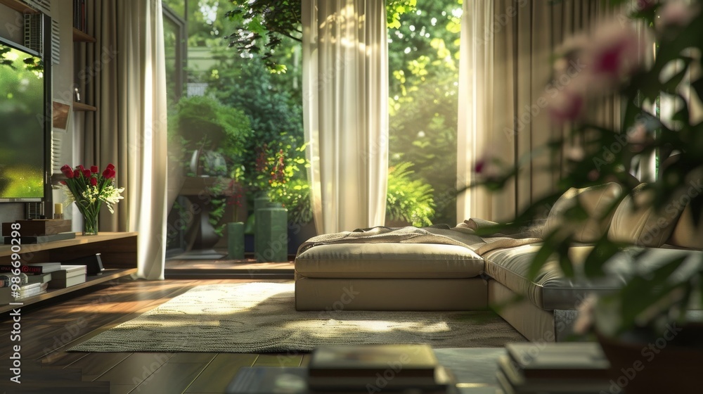 Sunlight streams through sheer curtains in a modern living room, illuminating a plush sofa and a lush green garden beyond the windows. Sunlight streams through sheer curtains in a modern living room, illuminating a plush sofa and a lush green garden beyond the windows.