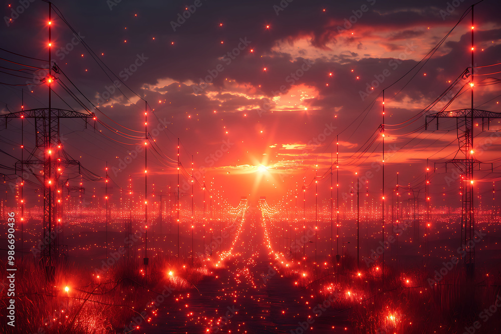 Fototapeta premium Ai renewable energy optimization visualized in an abstract composition where artificial intelligence integrates renewable energy sources into the grid to reduce reliance on fossil fuels