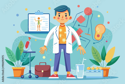 A friendly rheumatologist stands in a vibrant clinic surrounded by medical tools and plants, ready to assist, Customizable cartoon illustration for rheumatology.