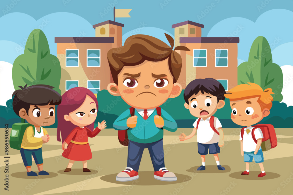 A school bully stands with a stern expression while classmates react with concern in a vibrant playground, Customizable cartoon illustration for school bullying. A school bully stands with a stern expression while classmates react with concern in a vibrant playground, Customizable cartoon illustration for school bullying.